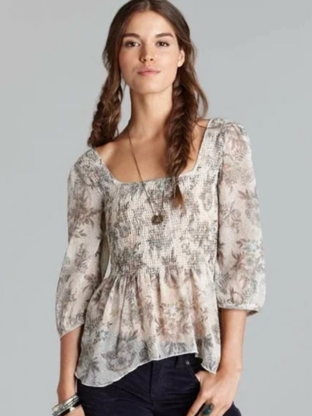 Free People Ever After Floral 3/4 Sleeve Smocked Blouse Small
